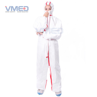 Bata de protección microporosa blanca desechable con tiras rojas