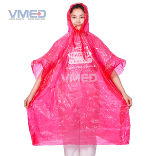 Poncho de lluvia PE rojo rosado con capucha adjunta