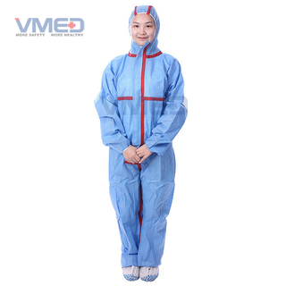 Overol SMS azul desechable con tiras rojas